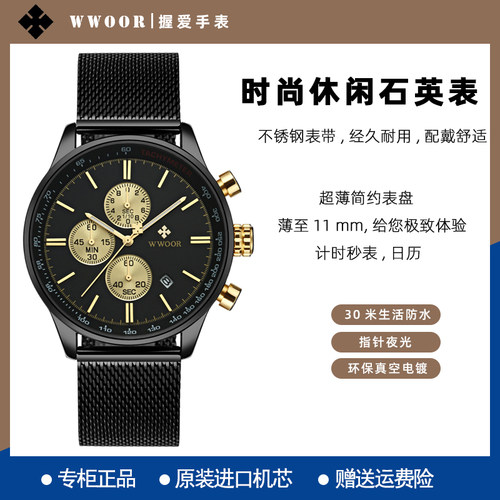 三眼六针多功能不锈钢网带手表