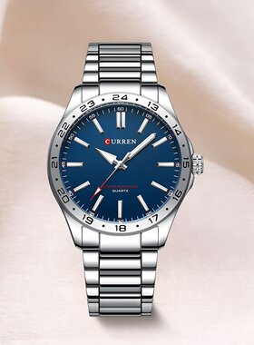 CURREN卡瑞恩男简约迷雾蓝表盘不锈钢带防水大气个性石英手表8452