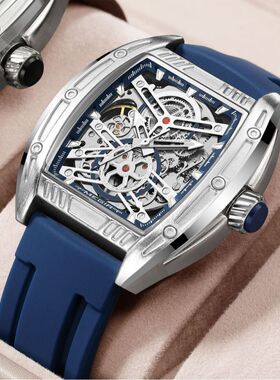 MEGIR美格尔手表男士酒桶型全自动机械表硅胶带防水夜光腕表8601