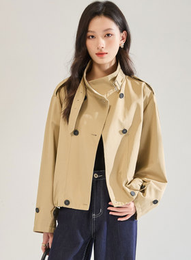25秋季「风衣夹克」高密斜纹双排扣立领廓形感短款风衣外套25566