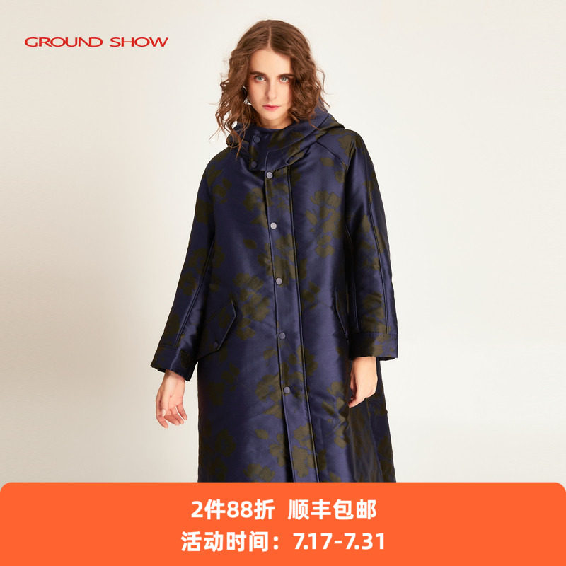 【专柜款】阁兰秀2025秋冬新品墨蓝色复古提花连帽棉衣长棉服女装