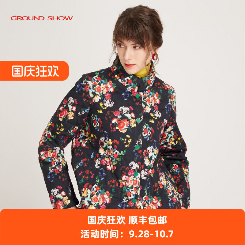 黑色印花棉衣阁兰秀加厚保暖