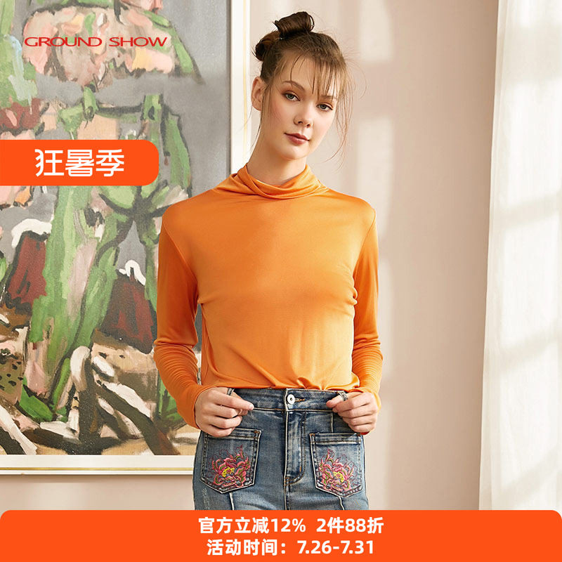 GroundShow/阁兰秀春秋款真丝混纺高领内搭打底衫上衣t恤女装