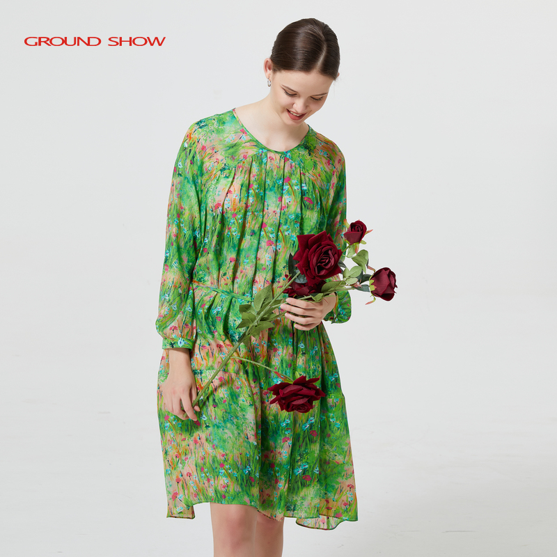 阁兰秀绿色碎花连衣裙春新款桑蚕丝圆领减龄长袖中长裙垂感贵气