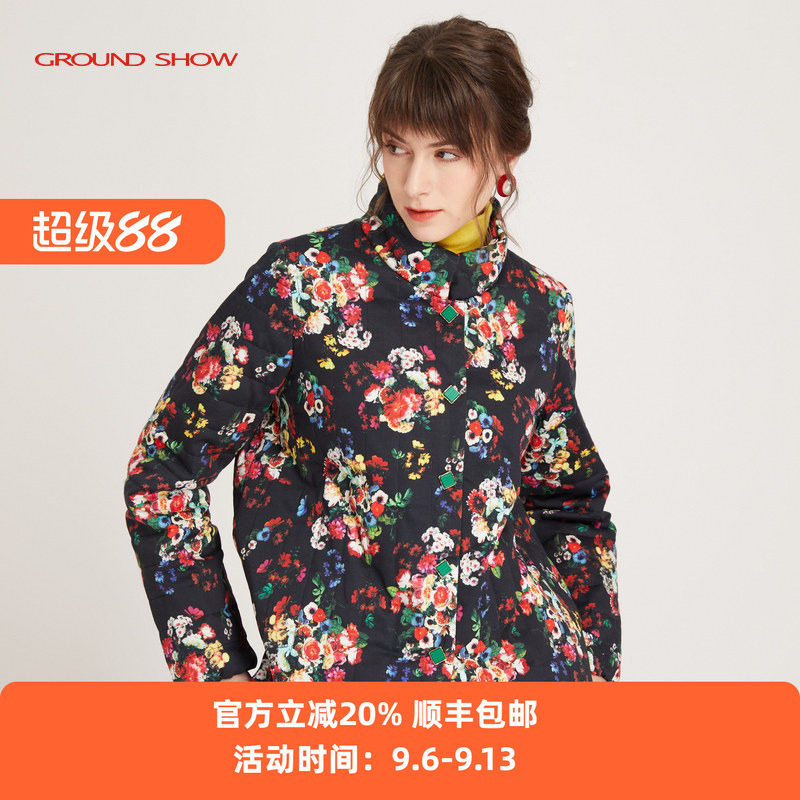 黑色印花棉衣阁兰秀加厚保暖