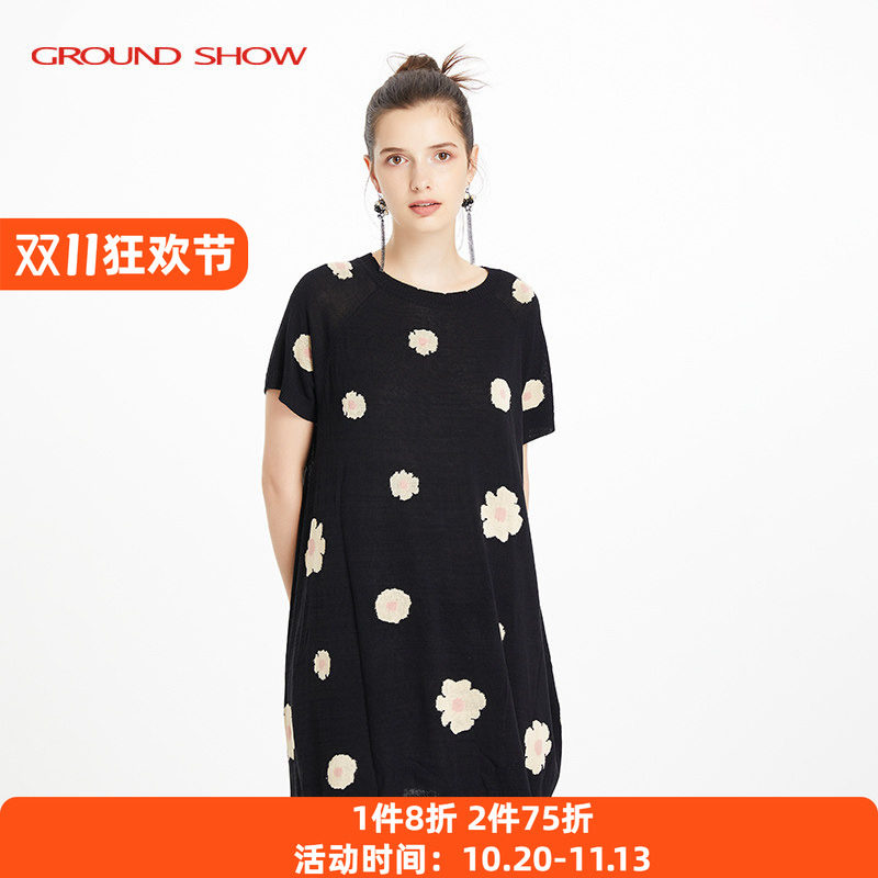 【专柜款】阁兰秀夏新品黑色短袖提花针织连衣裙亚麻透气裙子女装