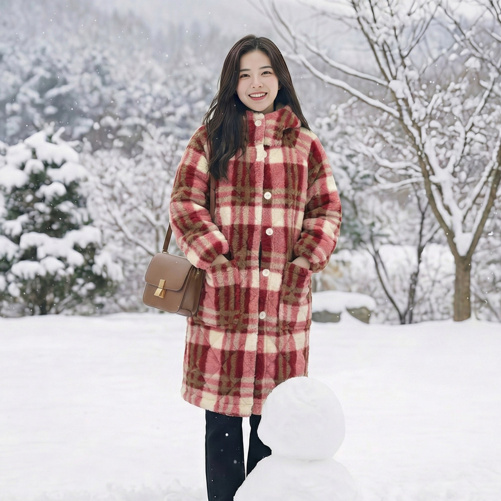 新款格子加绒加厚长款女士冬季棉衣连帽棉服罩衣保暖外套棉袄YY01