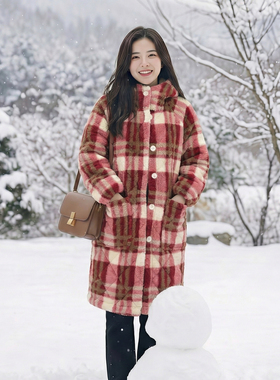 新款格子加绒加厚长款女士冬季棉衣连帽棉服罩衣保暖外套棉袄YY01