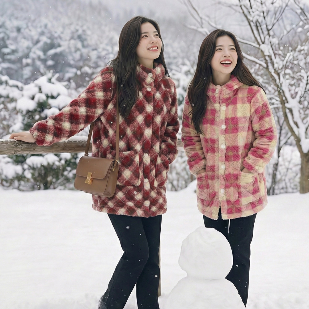 冬季仿兔毛连帽加绒加厚三层保暖棉服防风领长款外套罩衣女YY01