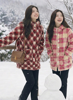 冬季仿兔毛连帽加绒加厚三层保暖棉服防风领长款外套罩衣女YY01