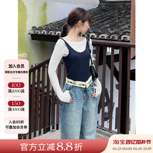 正品授权Loosing White 休闲时尚百搭修身假两件撞色T恤