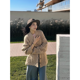 o cloche code 25AW秋冬新品 纯色麻花针织毛衣女100羊毛开衫外套