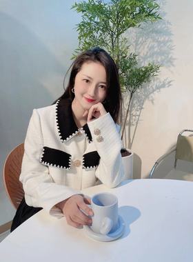 二折优惠清仓特价韩国Romanchic21秋冬黑白翻领小香风短外套