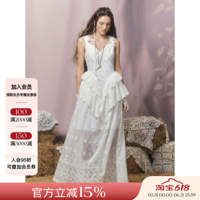 Deplumer 26SS春夏新品 度假风重工镂空刺绣连衣裙纯色收腰长裙