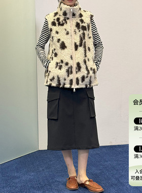 4折 WHM 24AW秋冬花斑长毛针织布马甲女短款复古系带保暖帽子