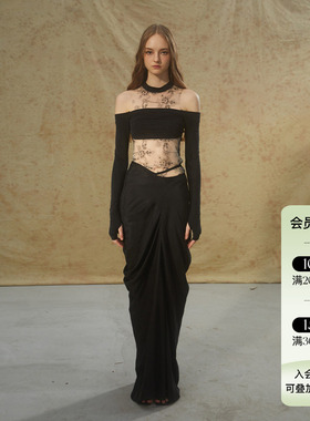 Deplumer 小立领拼纱长袖露肩上衣设计感不规则修身显瘦半身长裙