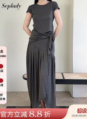 5折Piacevole e 25SS春夏 斜边不对称短袖套装女褶皱拼接半身裙