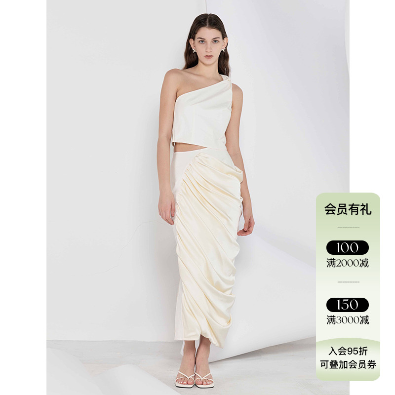 她也speakeasy【氤氲】24SS春夏 单肩纽结麻棉上装奶油拼接半身裙