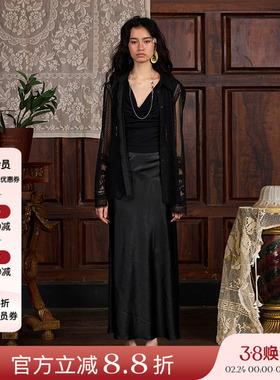 Deplumer 25AW新品 黑色缎面醋酸斜拼鱼尾半身裙垂感气质显瘦裙子