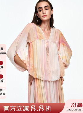 AETNA PROJECT 26SS春夏新品 花苞式垂褶连衣裙V领印花度假风长裙