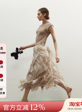 NONETONE 25AW秋冬新品 重工针织钩花拼接真丝荷叶边连衣裙蛋糕裙