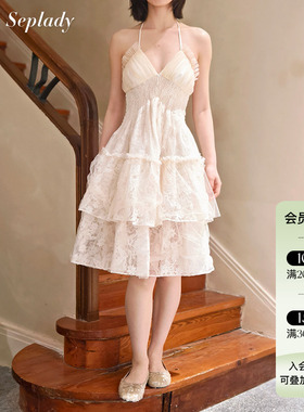 Deplumer 25AW新品 波西米亚度假风连衣裙挂脖蕾丝蛋糕裙公主风