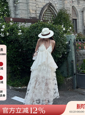 Deplumer 25AW新品 波西米亚度假风假两件刺绣连衣裙仙女挂脖长裙