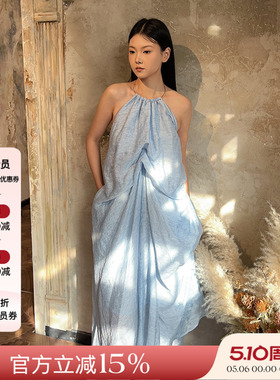 7折 现货授权Freja 24SS春夏新品 北欧风提花不规则挂脖连衣裙