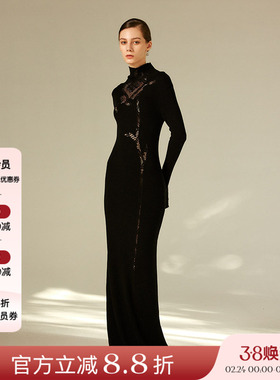 NONETONE 25AW秋冬新品 黑色蕾丝玫瑰高领针织修身连衣裙100羊毛