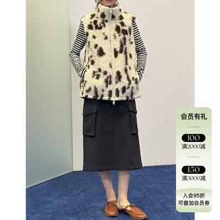 4折 WHM 24AW秋冬花斑长毛针织布马甲女短款复古系带保暖帽子