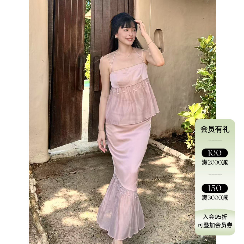 她也speakeasy【海恩斯】25ss春夏 重工水滴珠天丝挂脖上装鱼尾裙