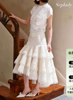 Deplumer 25AW新品 挺括绣花纱半身裙女中长款重工小众蛋糕裙百搭