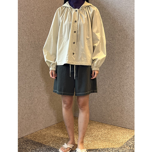 6折 WHM 25SS春夏新品 细腻薄棉布抽褶连帽夹克纯色连帽薄款外套
