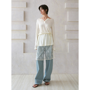 显廋直筒长裤 时尚 蕾丝拼接复古牛仔裙裤 sense 26SS春夏新品