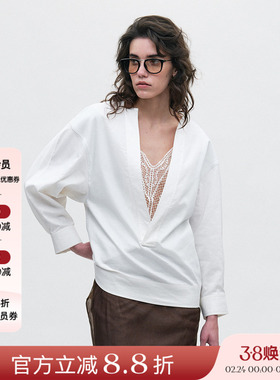 JACQUES WEI 25SS春夏新品 蕾丝V领拼接衬衫女白色长袖休闲上衣