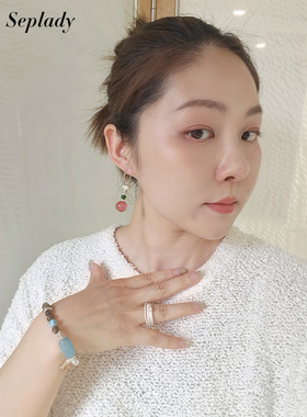 Urpflanze 25新品 彩色宝石S930耳钩原创设计耳饰海蓝宝玛瑙饰品