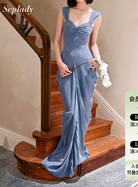 哈妮克孜同款Deplumer 25SS新品 法式纽结露背吊带连衣裙长款礼服