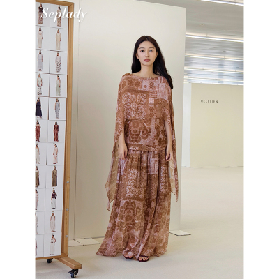 AETNA PROJECT 26SS春夏新品 复古印花披肩式上衣垂感蛋糕裙长裙