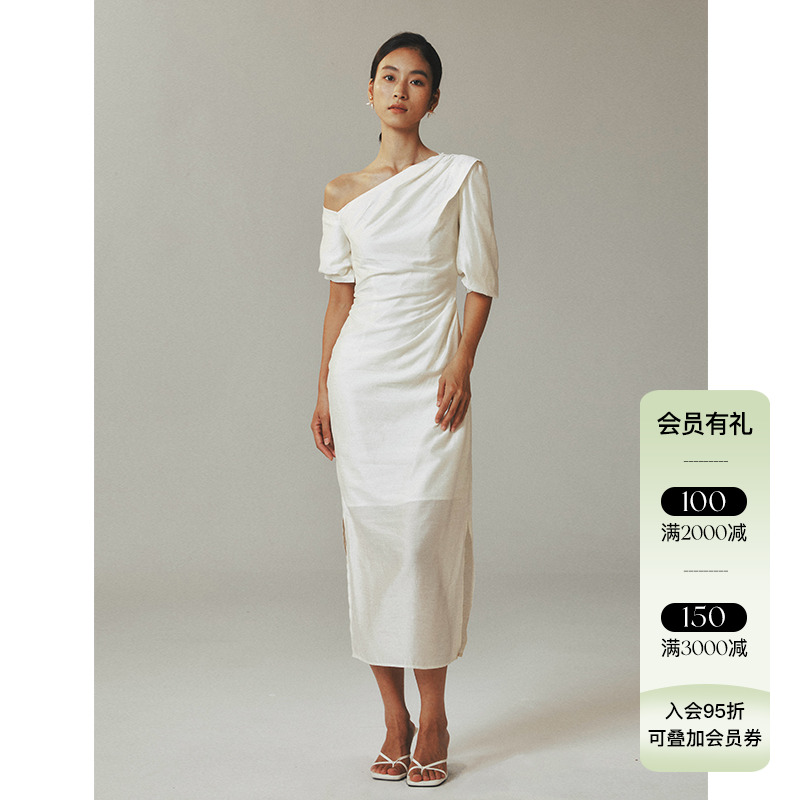 她也speakeasy【凯克】25ss春夏新品 不规则斜褶麻棉长款连衣裙