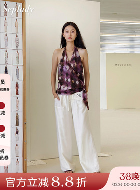 AETNA PROJECT 26SS春夏新品 菱形印花挂脖背心时尚绑带苎麻上衣