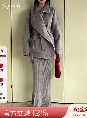 VIKTORIACHAN 25AW秋冬新品 高领短款系带双面呢100羊毛大衣外套