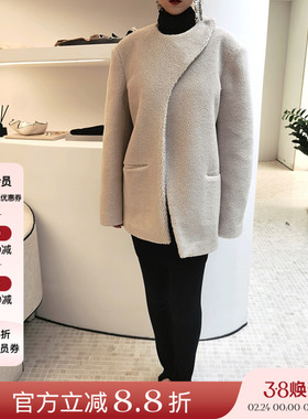 正品授权VIKTORIACHAN22秋冬新品米色不对称领毛呢外套高级时尚