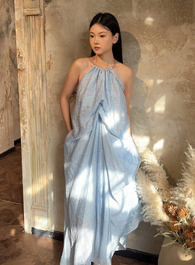 8折 现货授权Freja 24SS春夏新品 北欧风提花不规则挂脖连衣裙