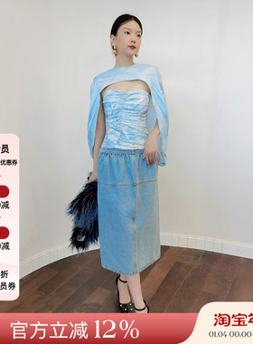 正品授权JACQUES WEI 2022秋冬新款淡蓝色可拆卸斗篷上衣加牛仔裙
