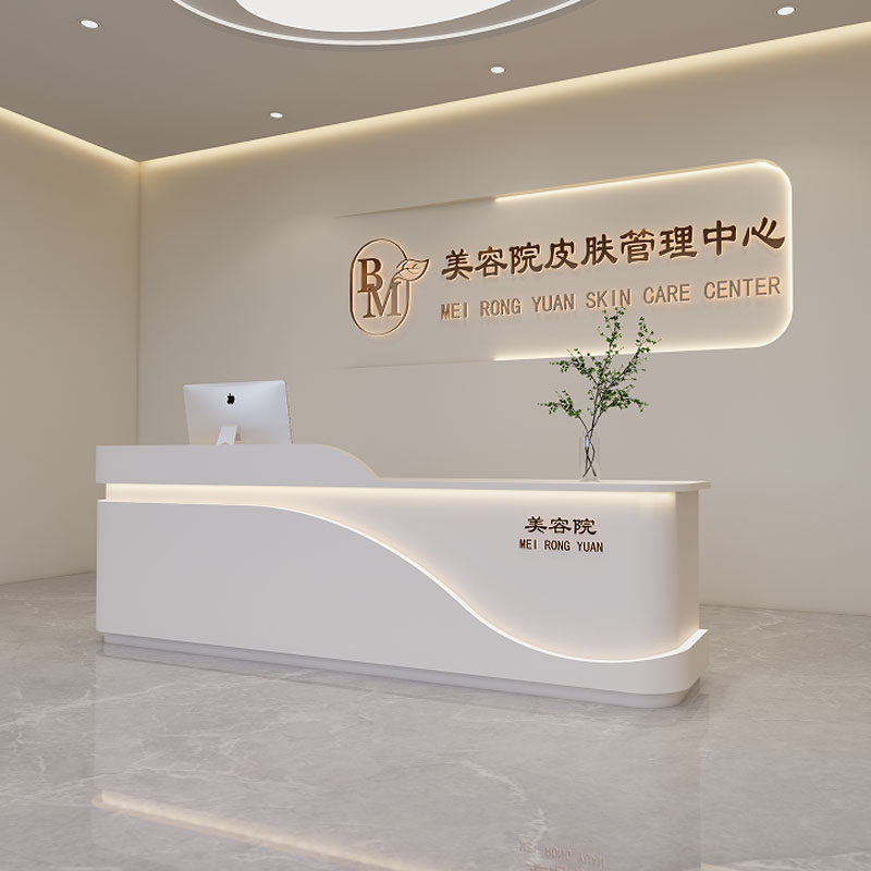 轻奢白色弧形美容院前台接待台图片