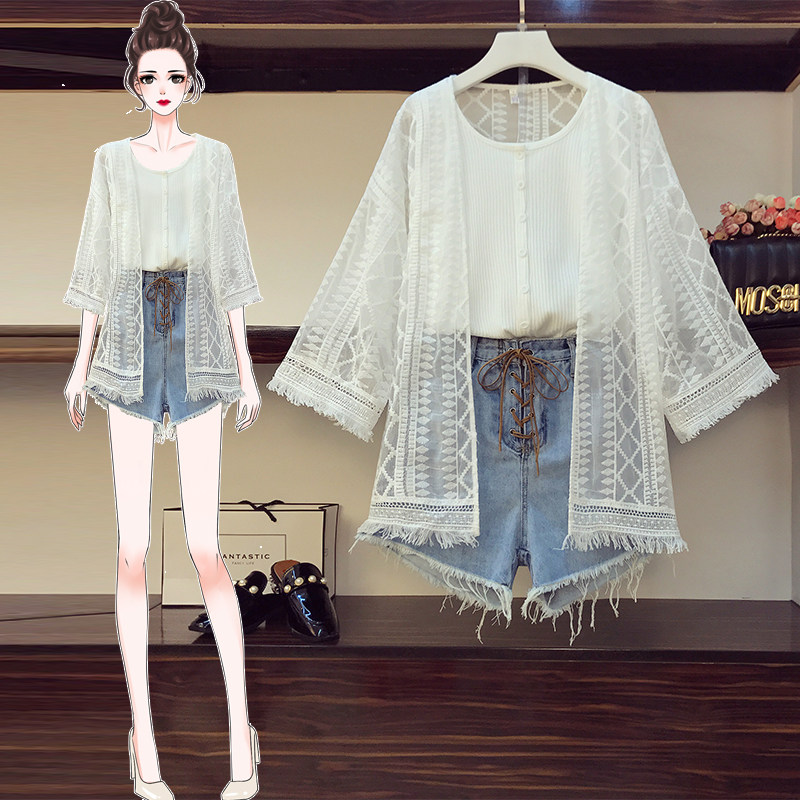 Big size dress Summer wear 2020 new pattern Fat sister Show thin suit Cardigan Lace jacket cowboy shorts Two piece setin the Women's clothing/Boutique , Large size women  category - from Buy2taobao.com to provide professional Taobao agent buy service