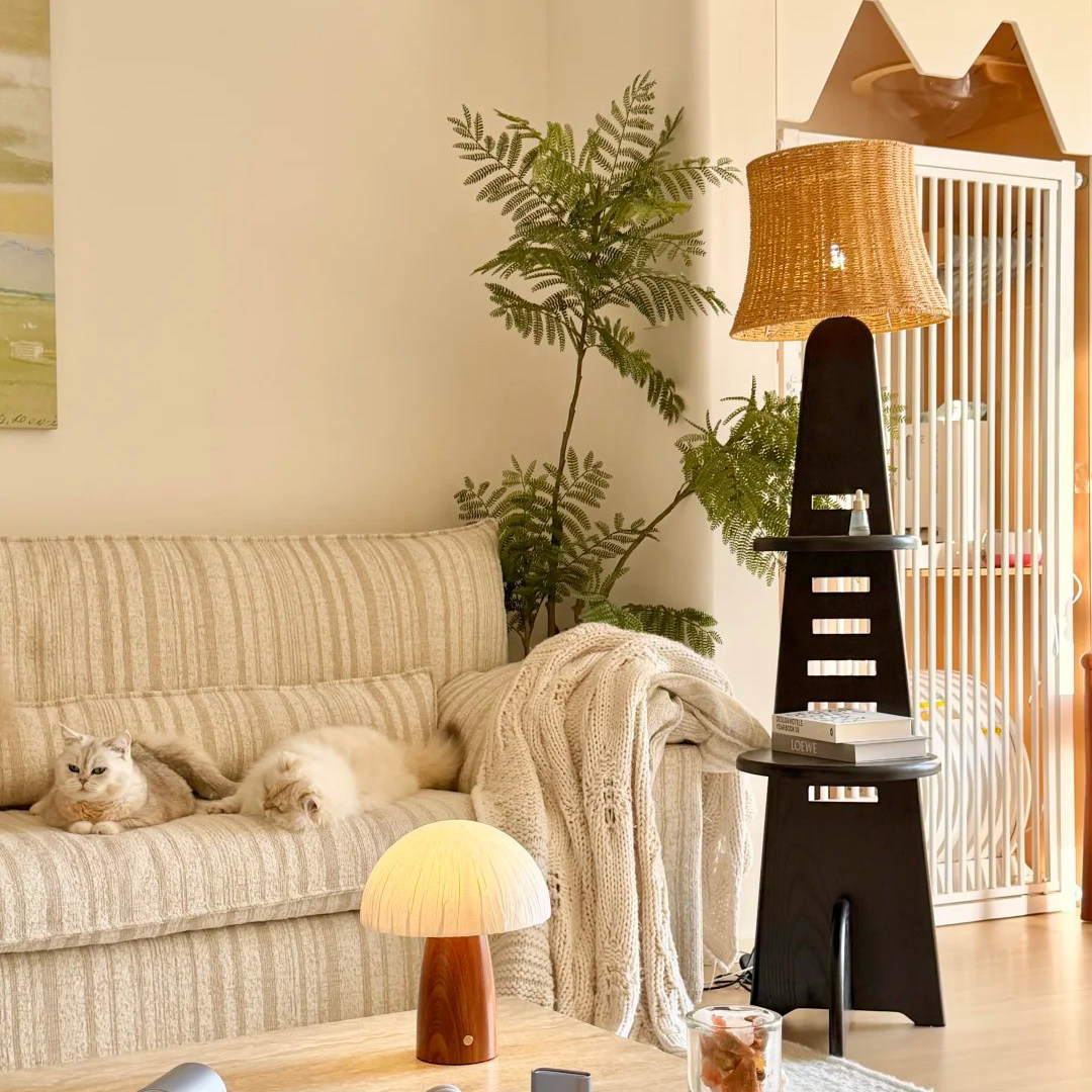 光品士中古风置物架落地灯高颜值藤编实木客厅卧室立式装饰氛围灯