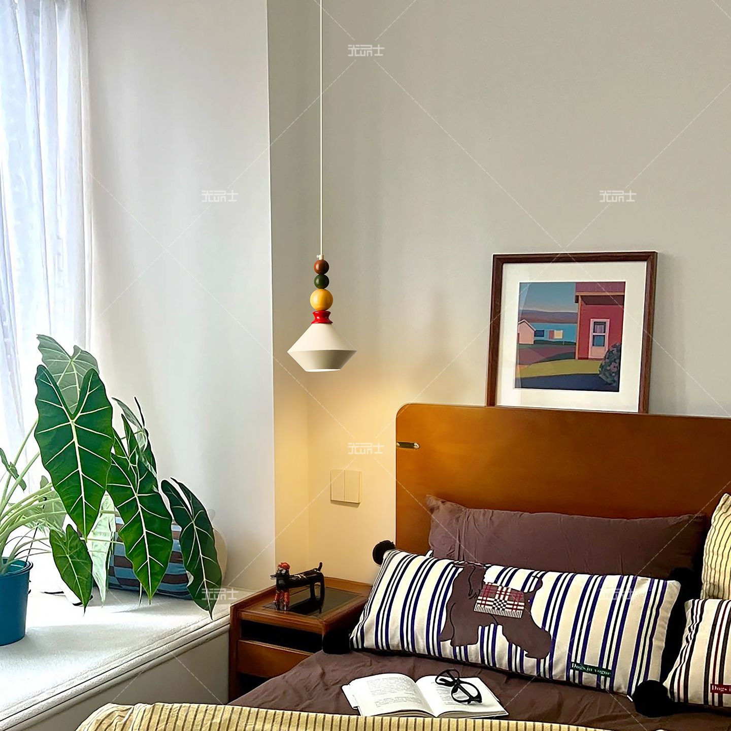 孟菲斯中古卧室床头灯彩色吊灯创意多巴胺儿童房吧台过道长吊线灯