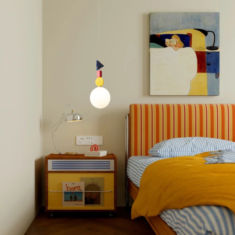 法式奶油风床头吊灯卧室儿童房孟菲斯彩色玄关过道长吊线单头灯具