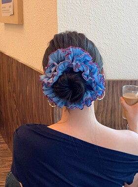 卢浮蓝调重工复古蓝色拼接双层蕾丝边大肠发圈女慵懒风扎头发绳
